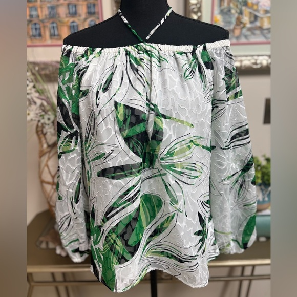 WHITE HOUSE BLACK MARKET PALM PRINT OFF THE SHOULDER HALTER PEASANT BLOUSE SZ M - Picture 1 of 11